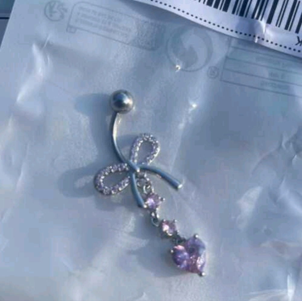 Pink Rhinestone Bow With Dangling Rounds & Heart Bellybutton Ring Jewelry (OS) - Picture 6 of 8